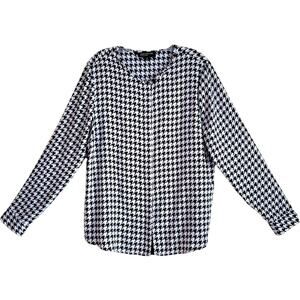 JONES NEW YORK Women 14 Blouse Houndstooth Black White Blush Pink Button Up 42"